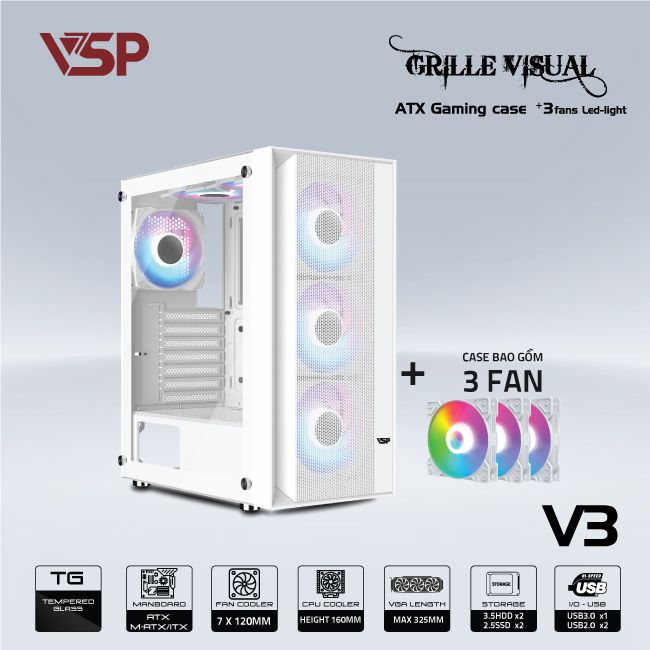 CASE VSP V3 Trắng (Mặt trước Lưới + 3 Fan)