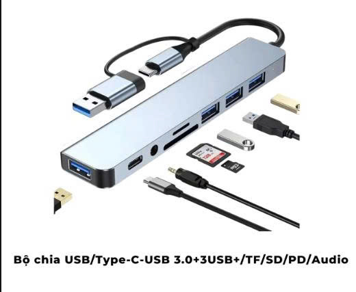 HUB (8 IN 1) USB/TypeC => 4USB/USB-C/Khe SD/Khe MicroSD/Usb Data