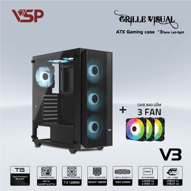 CASE VSP V3 Đen (Mặt trước Lưới + 3 Fan)